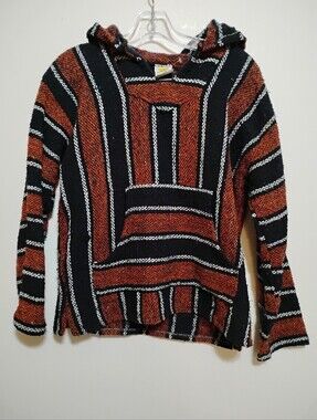 SUNSPECS Striped Hooded Baja Sweater FRONT MIDDLE POCKET- Black & Rust Acrylic S
